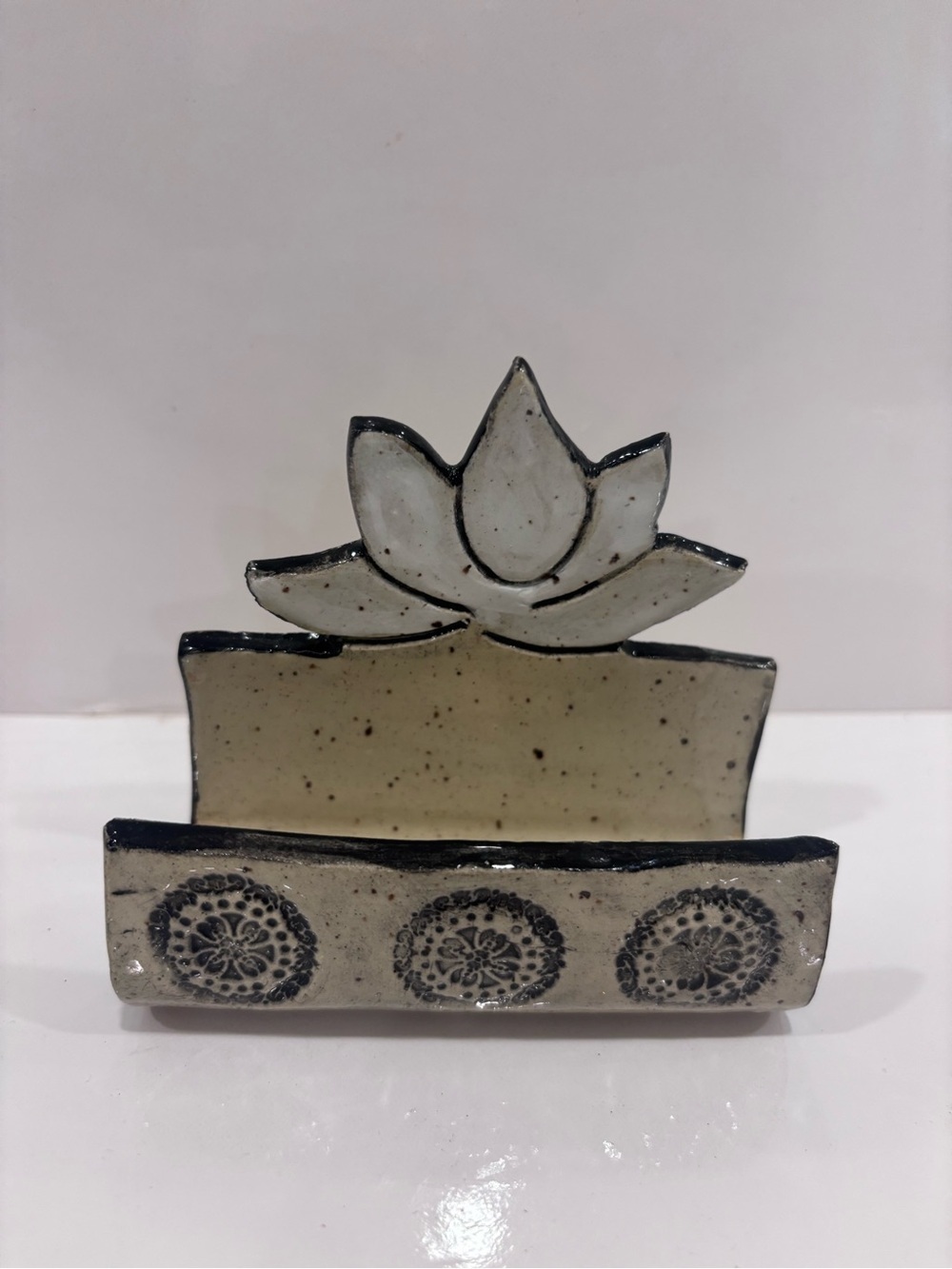 Vintage studio pottery stoneware lotus flower napkin holder handmade speckled